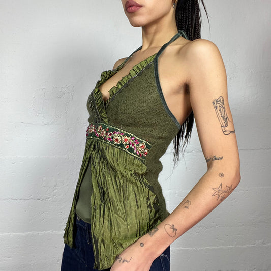 Vintage 2000's Hippie Kaki Strapless Top with Floral Detail (S)