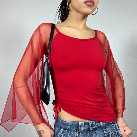 Vintage 2000's Clubwear Red Top with Maxi Mesh Angel Sleeves (S)