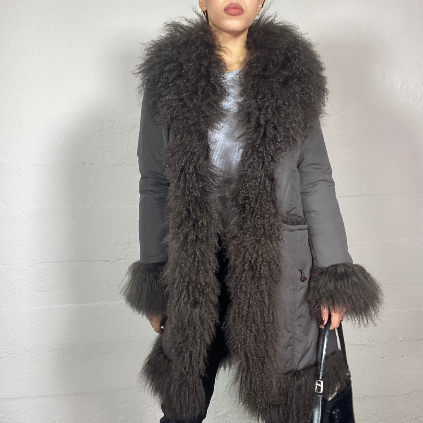 Vintage 90's Mob Wife Brown Long Jacket with Big Fluffy Sleeves and Neck Detail (M)