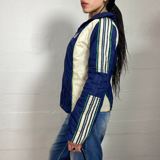 Vintage 2000's Sporty White and Blue Puffer Jacket with Band Trim Detail (M)