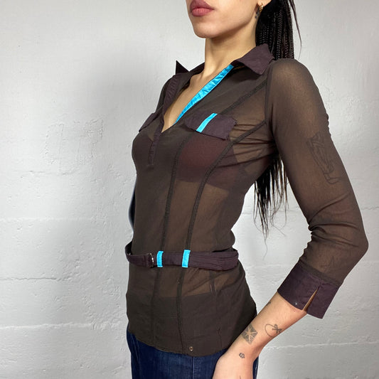 Vintage 2000's Rave Brown Belted Longsleeve Top with Blue Details (S)
