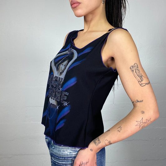Vintage 2000's Sleaze Black Asymmetric Cut Top with "Rock Babe" Strass Print (M)