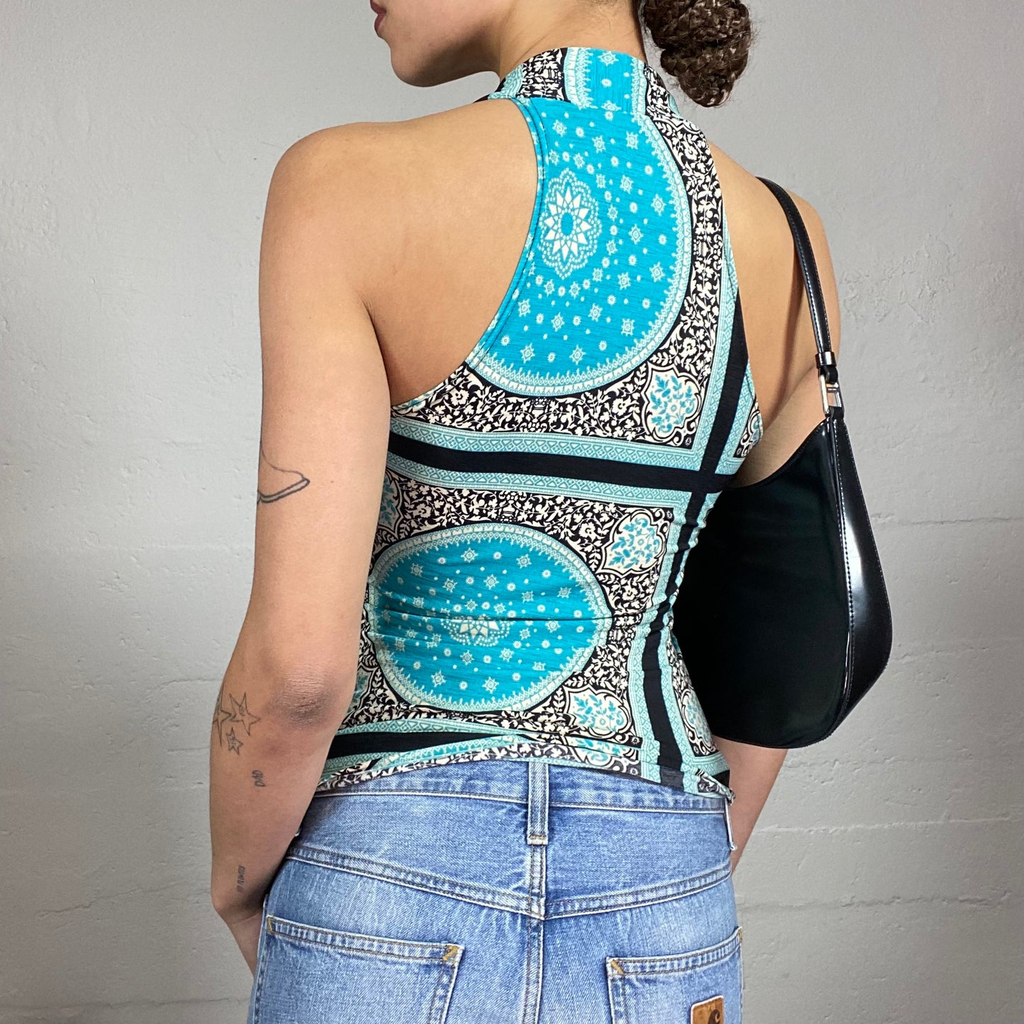 Vintage 2000's Boho Blue Highneck Top with Ethnic Mandala Print (S)