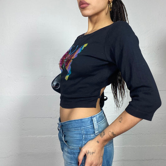 Vintage 2000's Cute Black 3/4 Sleeve Top with Multicolour Sequins Buttefly Print and Open Back (S)