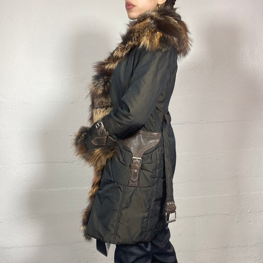 Vintage 90's Mob Wife Black Leather Long Jacket with Big Tricolor Brown Fur Sleeves and Neck Detail (M)