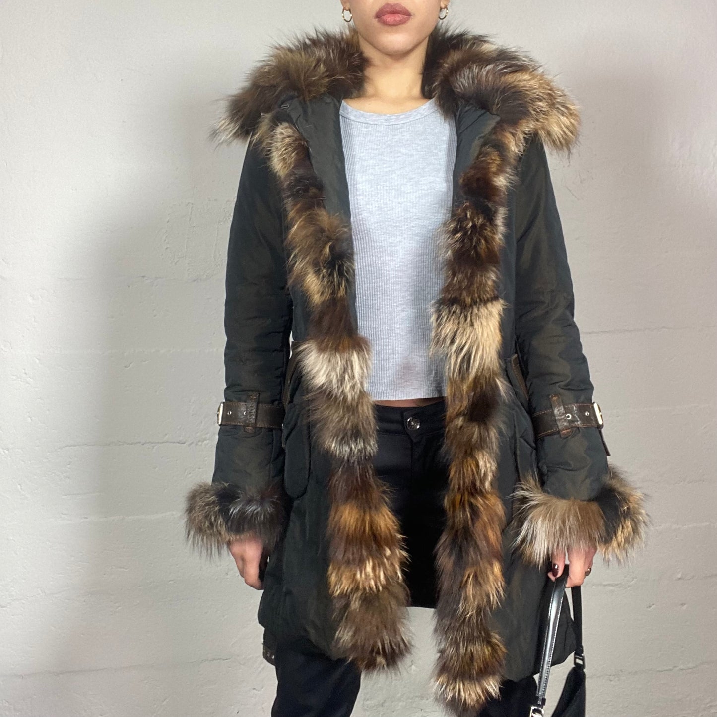 Vintage 90's Mob Wife Black Leather Long Jacket with Big Tricolor Brown Fur Sleeves and Neck Detail (M)