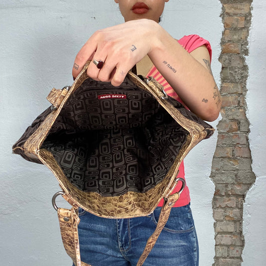 Vintage 2000's Miss Sixty Brown Shoulder Bag with Snake Faux Leather Details