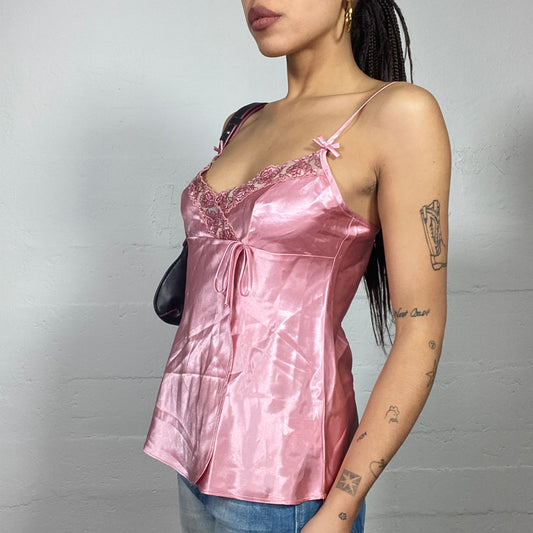 Vintage 2000's Etam Coquette Pink Satin Top with Mesh Trim Neckline (S)