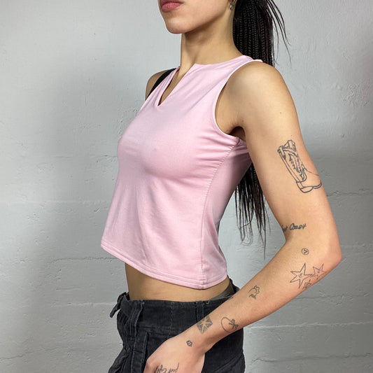 Vintage 2000's Soft Girl Pink Tank Top with V-Neckline Detail (M)