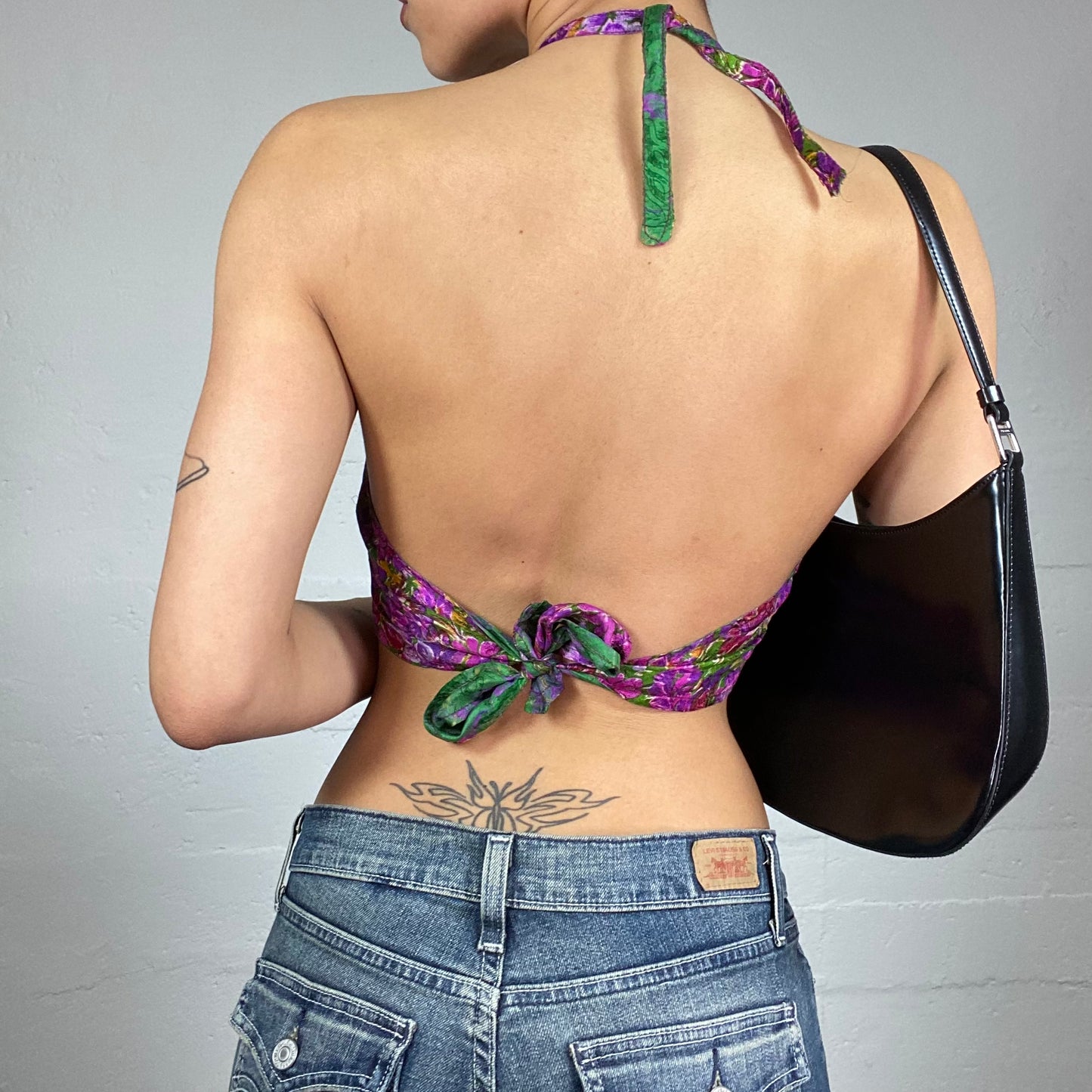 Vintage 2000's Festival Purple Crop Top with Open Back and Floral Print (S)