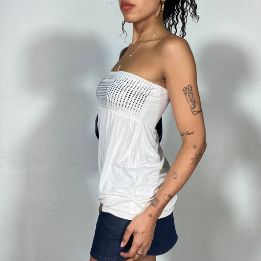 Vintage 2000's Clubwear White Strapless Top with Rhinestone Detail (S)