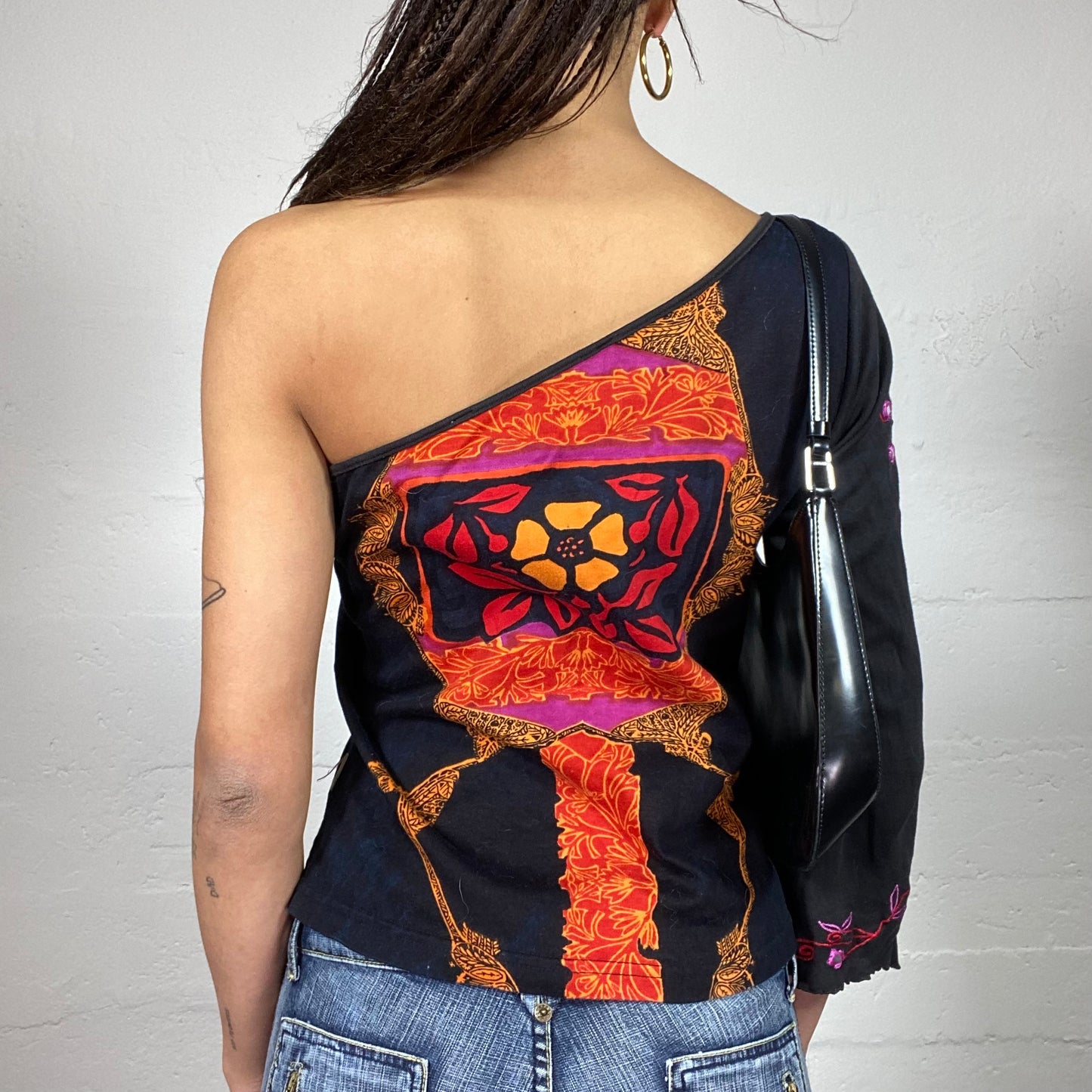 Vintage 2000's Boho Black One Shoulder Top with Multicolour Floral Print (M)