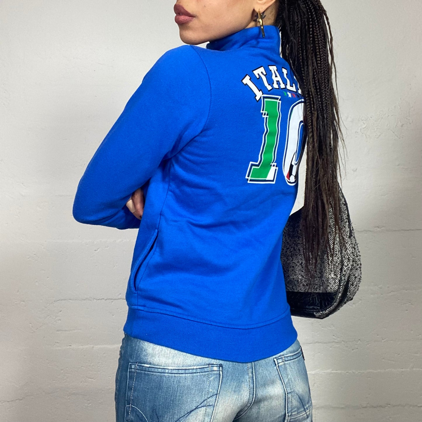 Vintage 2000's Guido Electric Blue Zip Up Sweater with "10 Italia" Football Print (XS)