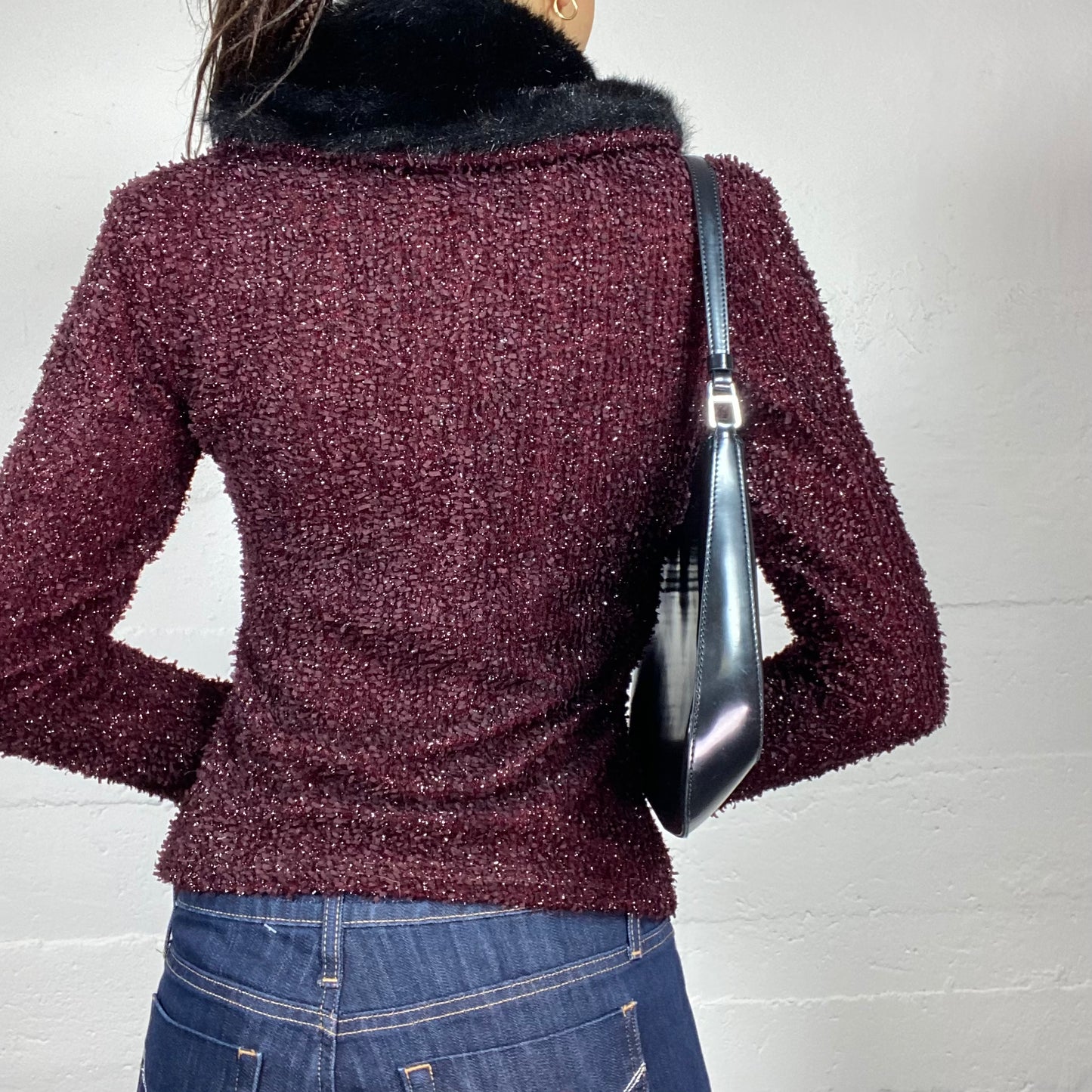 Vintage 90's Vampy Garnet Knit Cardigan with Black Fluffy Collar Detail (S/M)