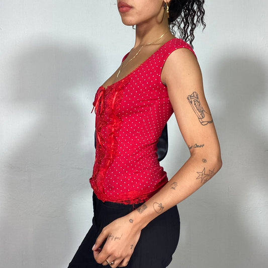 Vintage 2000's Vampy Red Polka Dot Lace-Up Corset Top (S)