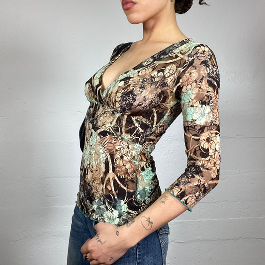 Vintage 2000's Indie Longsleeve Top with Floral Covering Print (S)