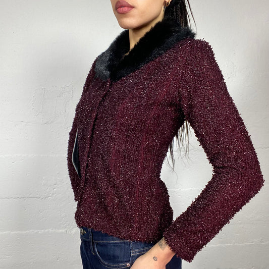 Vintage 90's Vampy Garnet Knit Cardigan with Black Fluffy Collar Detail (S/M)