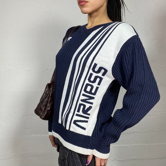 Vintage 90's Airness Joey Navy Knitted Oversize Pullover with White Side Brand Print Detail (L)
