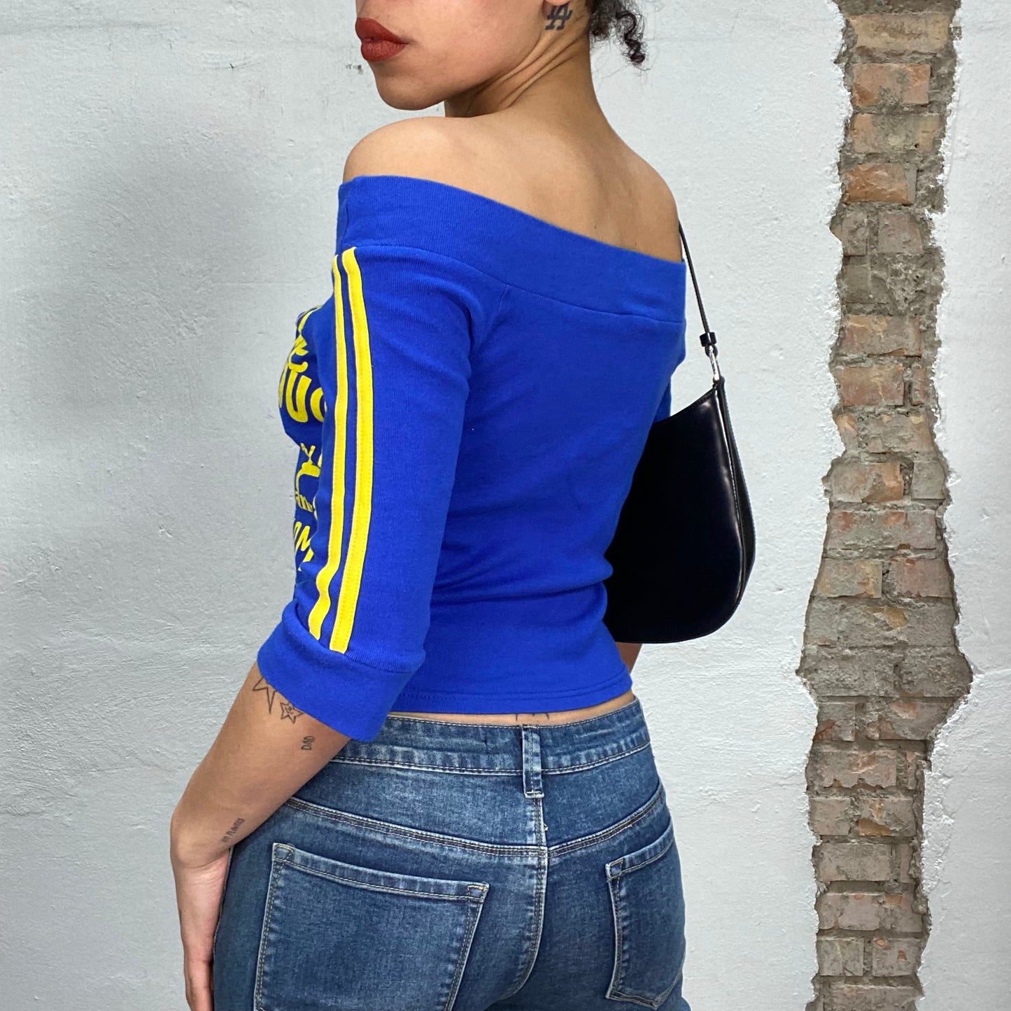 Vintage 2000's Streetstyle Blue Off Shoulder Zipper Top with Yellow Writing Print (S/M)