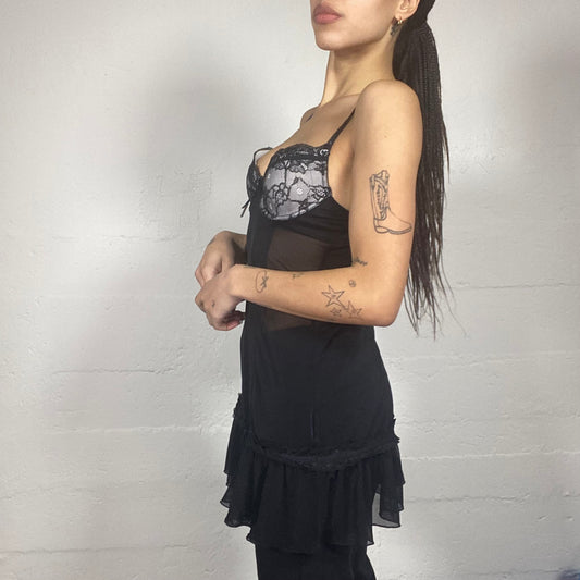 Vintage 90's Lingerie Black Mesh Long Slip Top with Lace Chest Cover (S)
