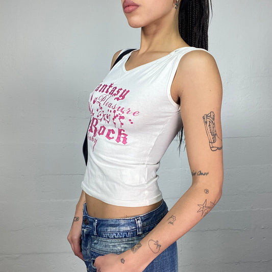 Vintage 2000's Cheetah Girl White Top with Fuchsia "Fantasy Rock Baby" Print Detail (S/M)