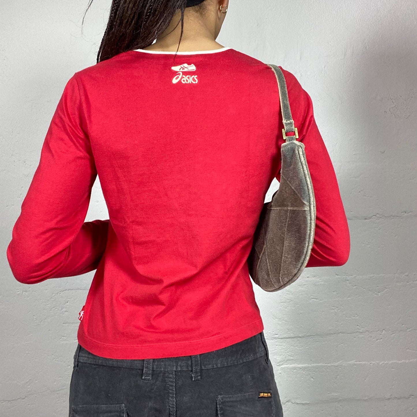 Vintage 2000's Asics Sporty Girl Red Longsleeve Top with White Brand Print Detail (M)
