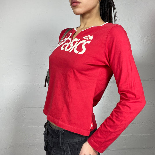Vintage 2000's Asics Sporty Girl Red Longsleeve Top with White Brand Print Detail (M)