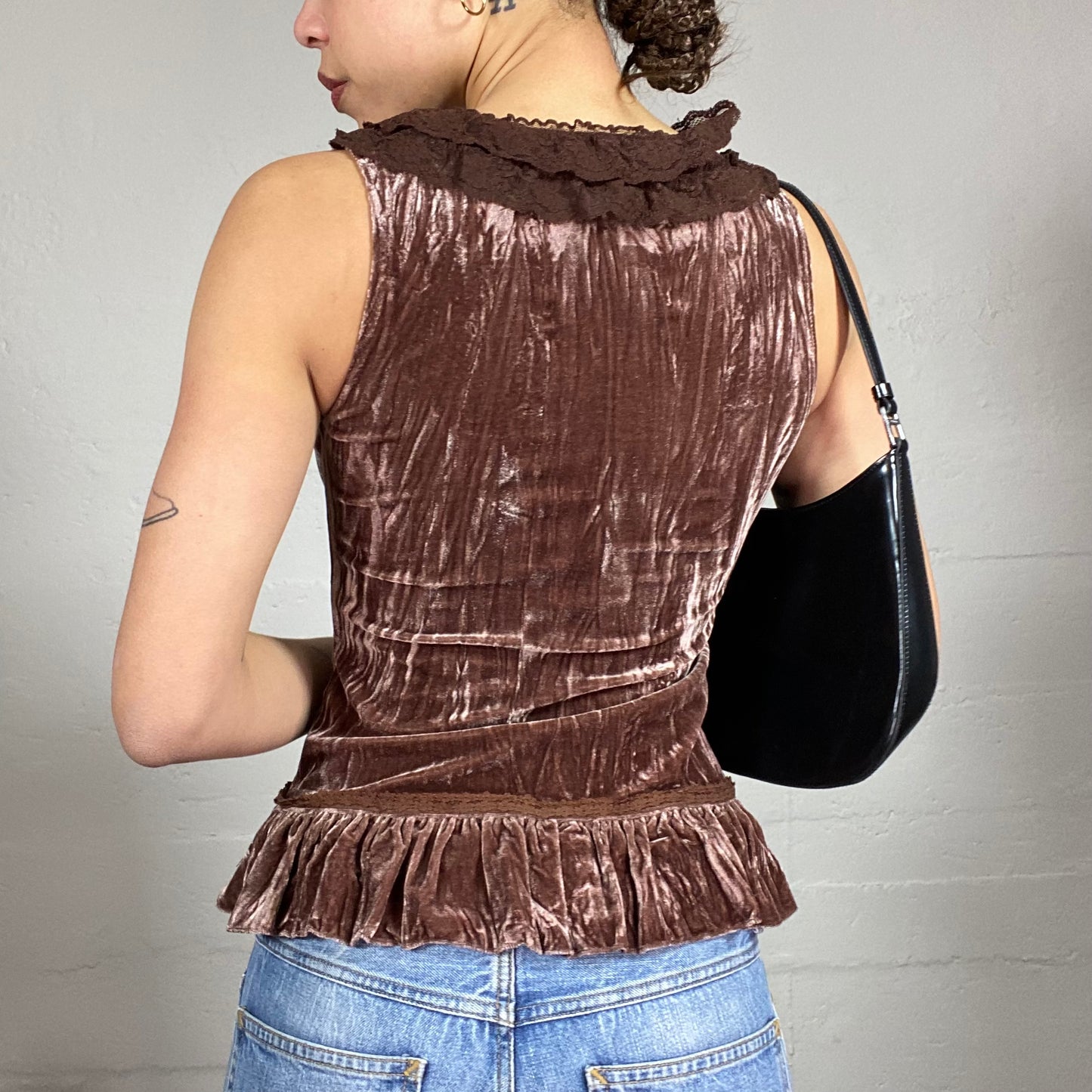 Vintage 2000's Whimsgoth Brown Corset Top with Velvet Material and Frilled Neck Collar Trim Detail (S)