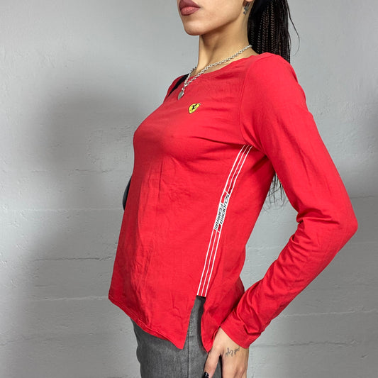 Vintage 2000's Ferrari Sporty Red Longsleeve Top with Yellow Brand Logo Detail (M)