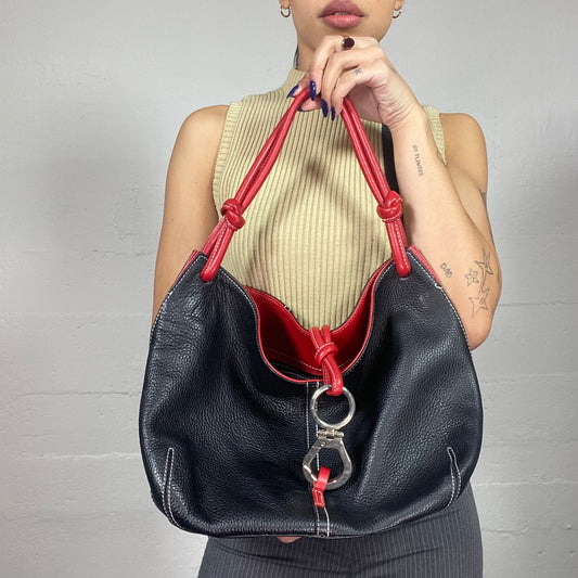 Vintage 2000's Model Off Duty Black Leather Shoulder Bag with Red Straps Detail