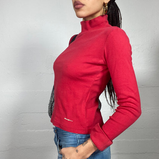 Vintage 2000's Miss Sixty College Girl Red Highneck Longsleeve Top with White Brand Print (S)