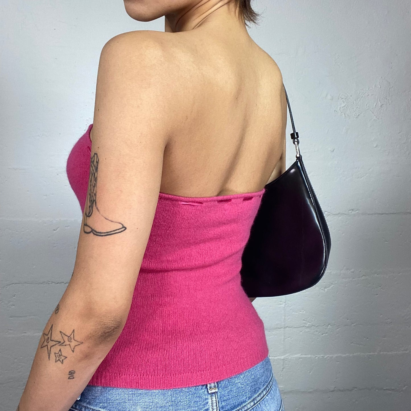 Vintage 2000's Cute Girl Pink Strapless Knitted Top with Satin Ribbon Detail (S/M)