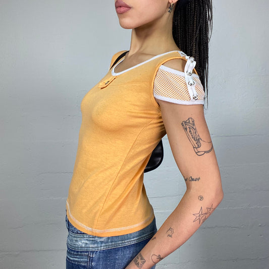 Vintage 2000's Cheetah Girl Orange Top with White Maille Sleeve Detail (S/M)