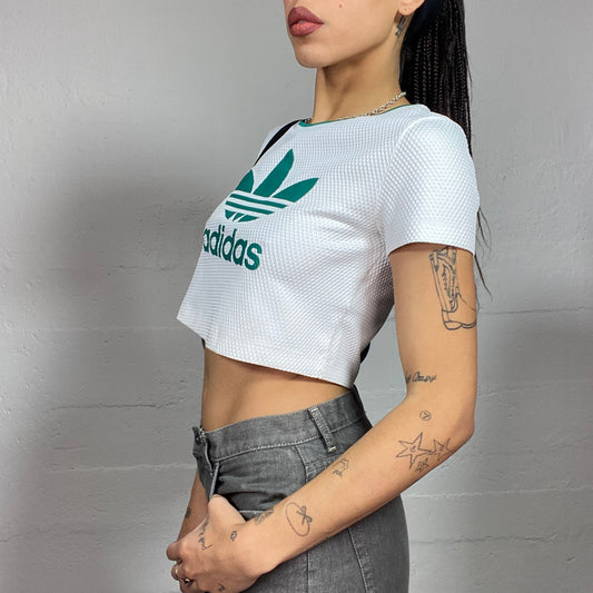 Vintage 2000's Adidas Sporty White Crop Top with Fishnet Material and Green Brand Logo Detail (XS)
