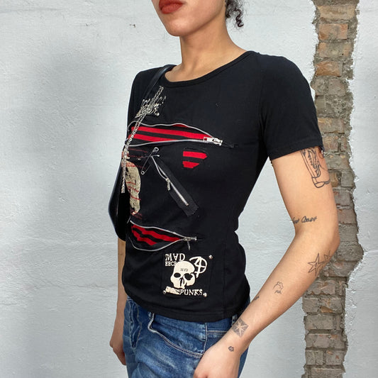 Vintage 2000's Punky Black Shirt with Zipper and Chain Details (S)
