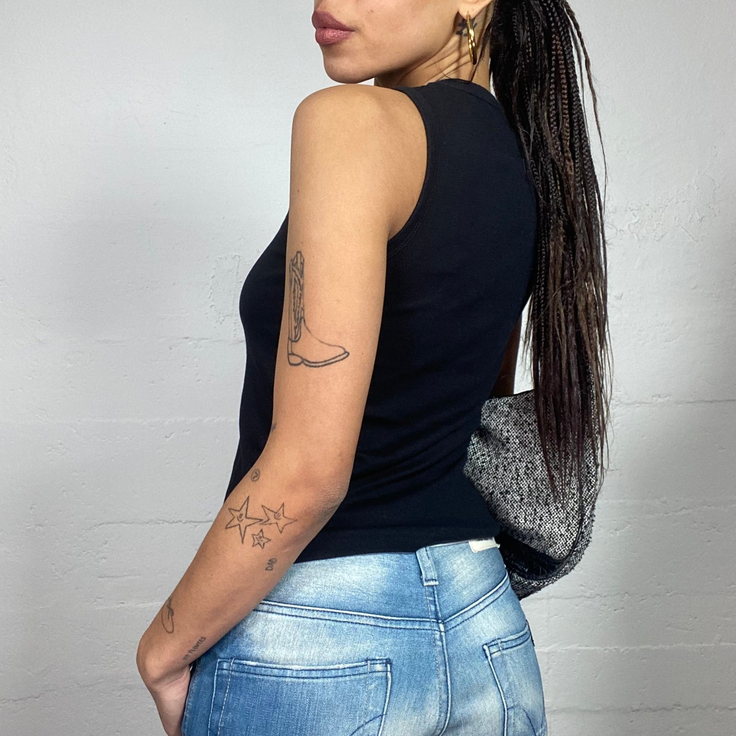 Vintage 2000's Downtown Girl Black Top with "P@dowy" Silver Print (S)