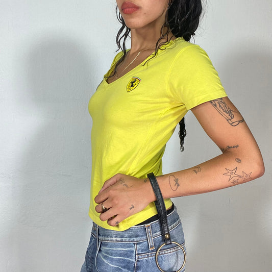 Vintage 2000's Ferrari Wag Style Yellow Top with Patched Logos (S)