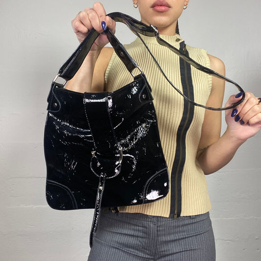 Vintage 2000's Model Off Duty Black Vinyl Crossbody Messenger Bag with Square Shape