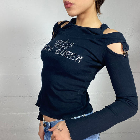 Vintage 2000's Clubwear Black Longsleeve Top with "Rock Queen" Strass Print (S)