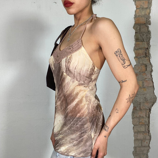 Vintage 2000's Indie Sleaze Beige Batik Top with Crochet Neckline Detail (S/M)