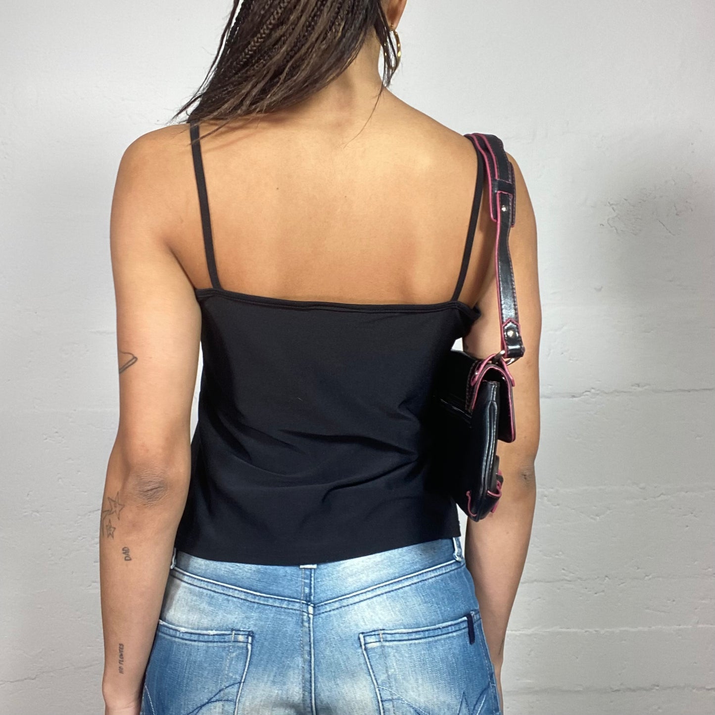 Vintage 2000's Cute Black Top with Blue Mirroed Floral Embroidery (S)