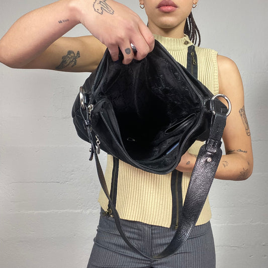 Vintage 2000's Model Off Duty Black Leather Shoulder Bag with Frontal Belt Detail