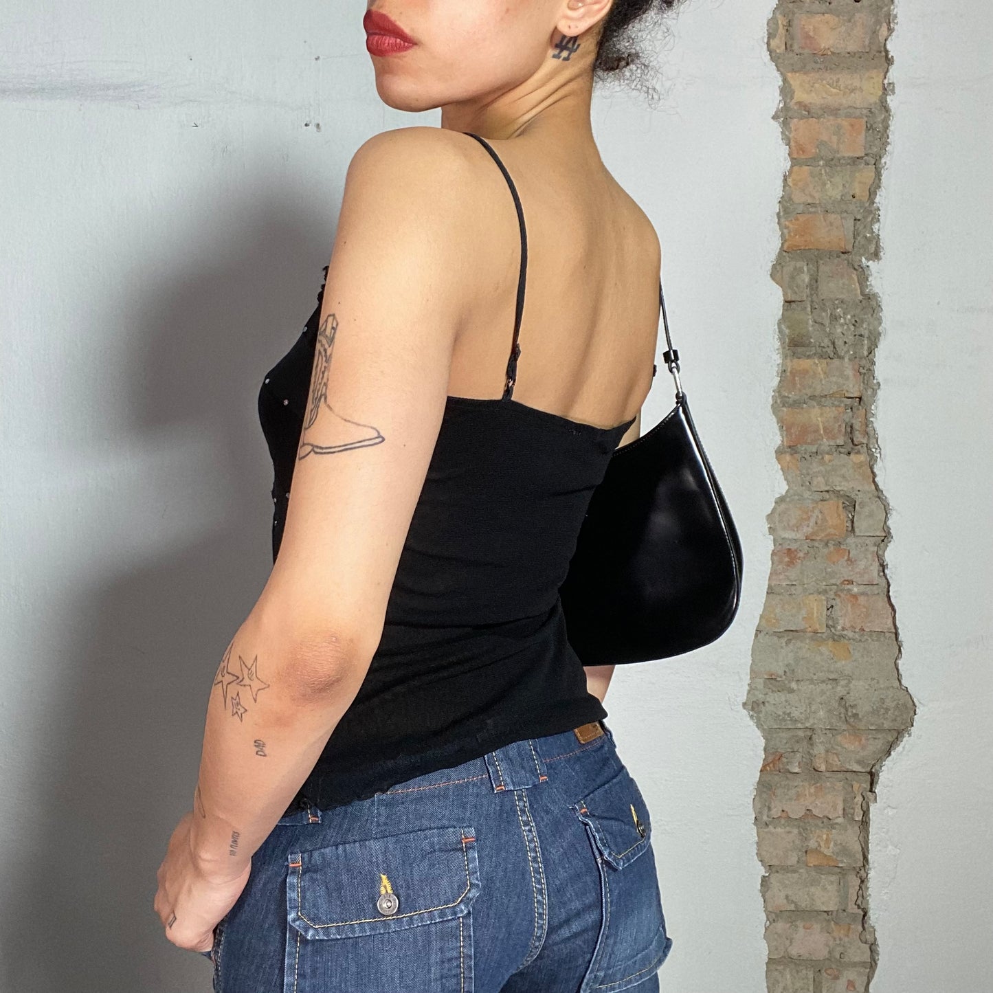 Vintage 2000's Indie Black Chiffon Top with Lace Trim (S)