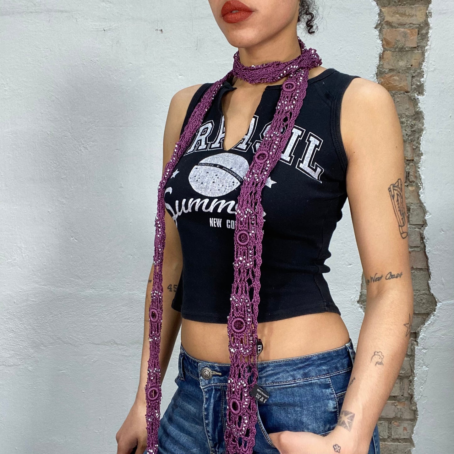 Vintage 2000's Indie Purple Crochet Scarf with Bead Details
