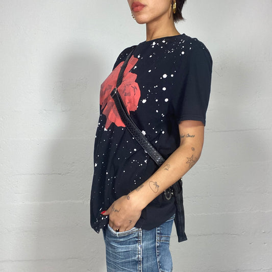 Vintage 90's Punk Black Oversized Tee with Red Rose Print (L)