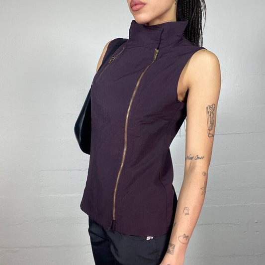 Vintage 2000's Cyber Girl Brown Vest Top with Side Zip Up Detail (M)