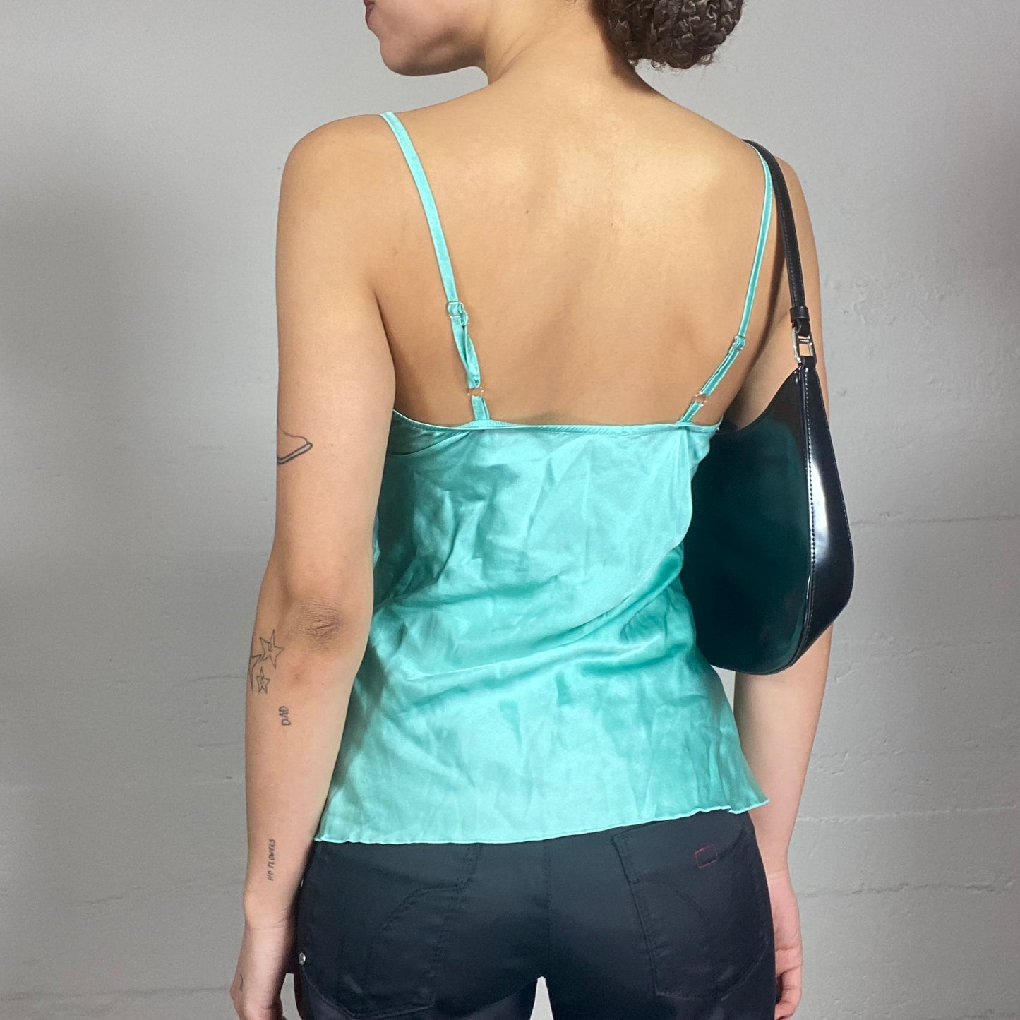 Vintage 2000's Festive Blue Satin Top with Beaded Flower Detail (S)