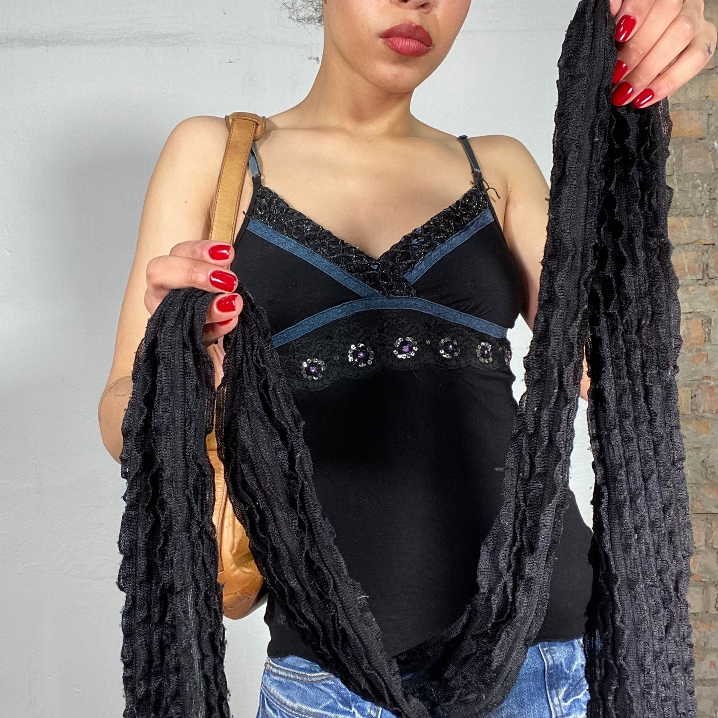 Vintage 2000's Sleaze Black Ruffle Skinny Scarf