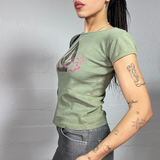 Vintage 2000's Volcom Downtown Girl Khaki Top with Pink Diamond Print (S)