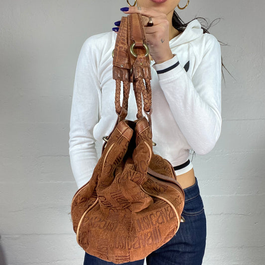 Vintage 2000's Just Cavalli Brown Maxi Leather Shoulder Bag with Monogram Brand Print